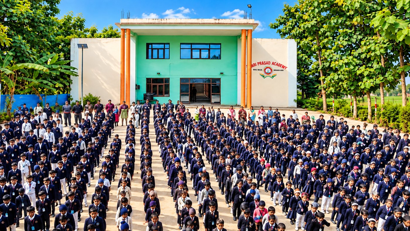 Hari Prasad Academy school building with students